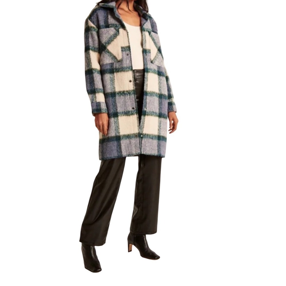 Abercrombie & Fitch Plaid Wool Blend Long Shacket Coat Blue Green Medium Cabin